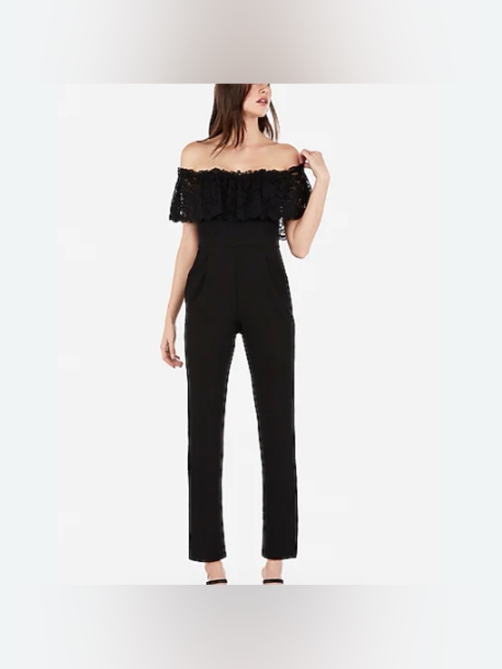 Express Black Off-Shoulder Lace Ruffle Jumpsuit